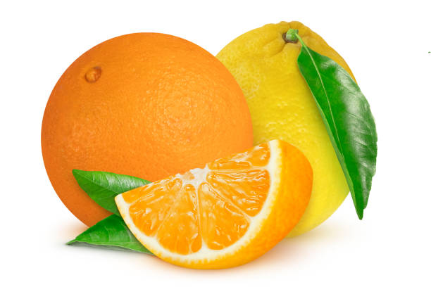 istock Oranges and lemon with leaves on an isolated white background. 2149196380
