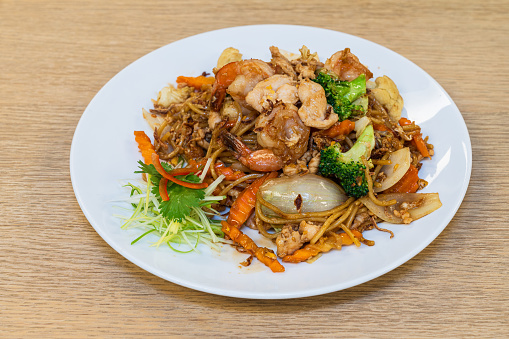 Table top of plate of Chicken Vegetables Noodles.
