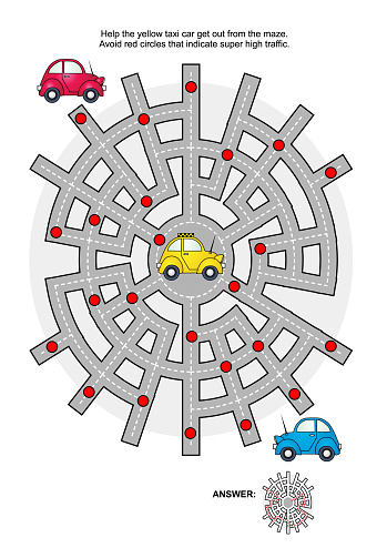 Maze game for kids and adults: Help taxi car get from the point 1 to the point 2. Avoid red circles that indicate super high traffic. Answer included.