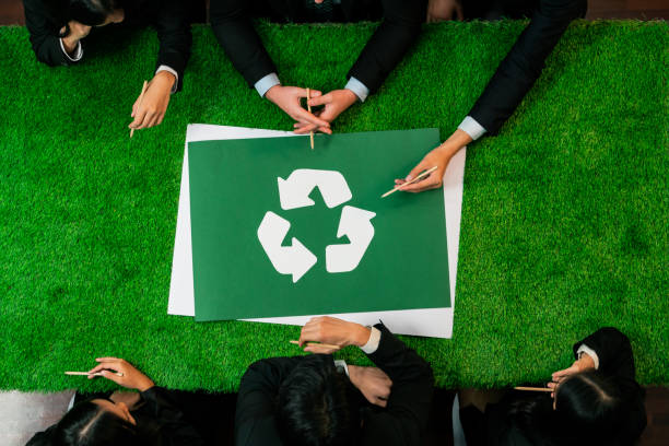 istock Top view panorama banner recycle icon on meeting table. Quaint 2149197745