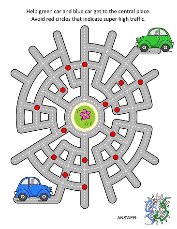 Maze game for kids and adults: Help cars get to the central place. Avoid red circles that indicate super high traffic. Answer included.