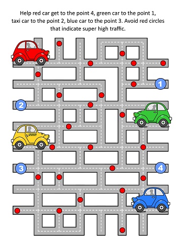 Maze game for kids and adults: Help red car get to the point 4, green car to the point 1, taxi car to the point 2, blue car to the point 3. Avoid red circles that indicate super high traffic.