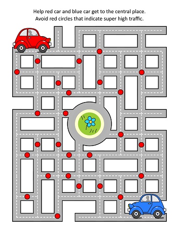 Maze game for kids and adults: Help cars get to the central place. Avoid red circles that indicate super high traffic.