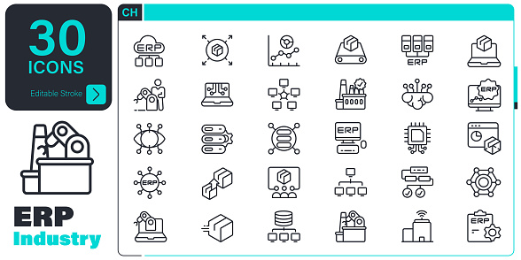 Industry 4.0 Line Icon set. The set contains icons: Icon Symbol, Business, Enterprise Resource Planning, Icon Symbol, Data Science, Order, Computer-Aided Manufacturing