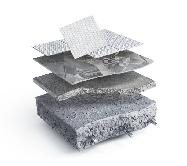 istock Tiles on the concrete piece. See floor layers. Isolated on a white background. 3d illustration 2149199076