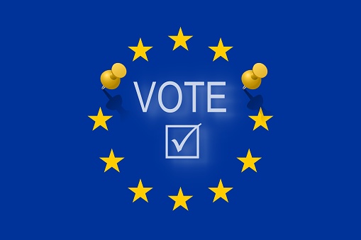 Vector design Vote european elections 2024 graphic. Text with the 12 golden stars circle on a blue background