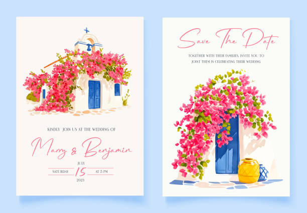 Set of wedding invitation with hand drawn watercolor spring pink bougainvillea flower background