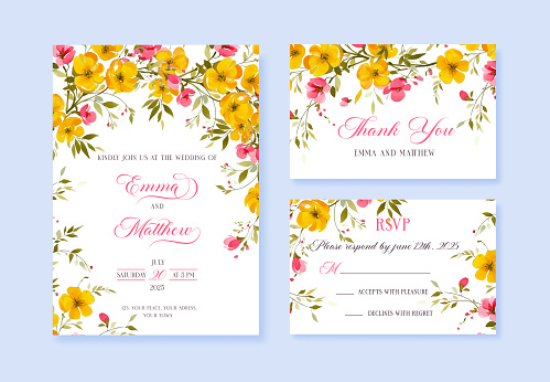 Invite you to share in our joy as we tie the knot surrounded by a beautiful display of yellow and pink flowers. Our wedding invitations feature a creative artsy design with magenta accents