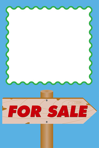 A postcard announcing a sale using a guidepost-shaped signboard