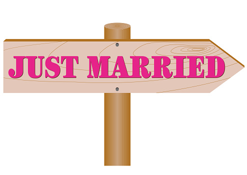 Guidepost-shaped signboard announcing marriage