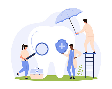 Dental insurance. Tiny people holding magnifying glass to study tooth health and insurance policy as guarantee of treatment, dentists protect teeth with umbrella and shield cartoon vector illustration