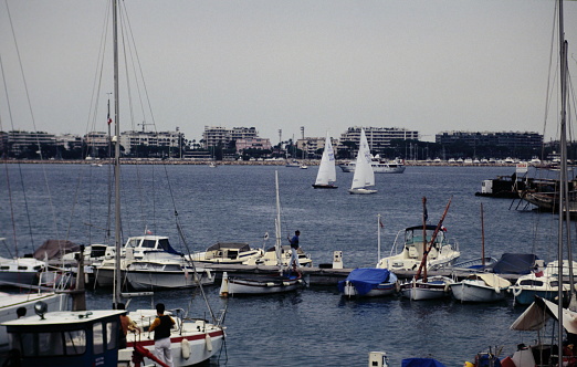 sailboats at old harbour Vieux Port and old town Le Suquet, Cannes, french riviera, South France during 1990s