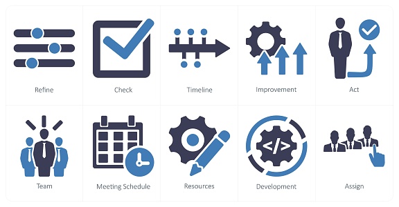 These are beautiful handcrafted pixel perfect black and blue filled action plan icons
