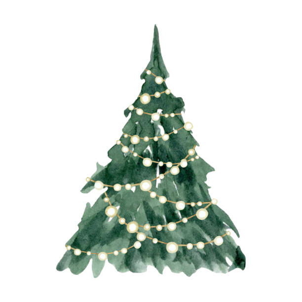 Christmas tree with shining garland lights watercolor sketch illustration isolated on white background in simple style for Happy New Year greeting cards and designs Christmas tree with shining garland lights watercolor sketch illustration isolated on white background in simple style for Happy New Year greeting cards and designs. christmas tree stock illustrations