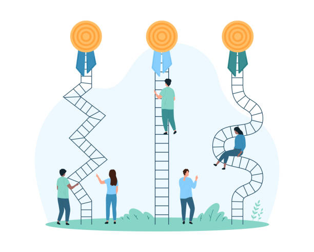 Easy and hard problem solving, simplicity in work process, tiny people climb ladder Easy and hard problem solving, simplicity in work process. Tiny people climb ladder with fast straight and wrong complicated way in business competition and challenge cartoon vector illustration easy street stock illustrations