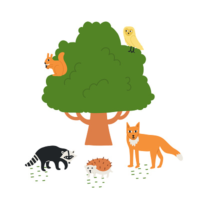 Hand Drawn Tree  Oak with Garden Animals. Vector Nature Illustration