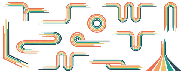 70s poster elements rainbow isolated of collection. Vector of rainbow curve and colorful, geometric 70s and 60s groovy illustration