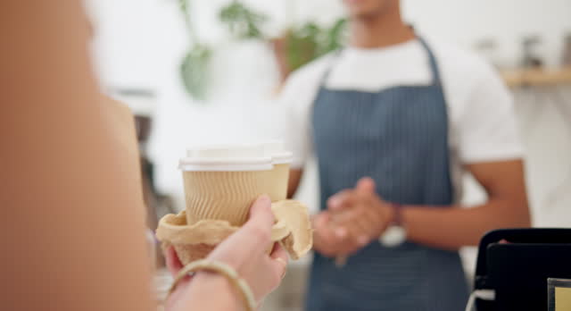 Barista, customer and takeaway coffee or hands or giving at counter as breakfast order, morning or espresso. Person, parcel and cafe shop or lunch beverage for small business food, latte or drink