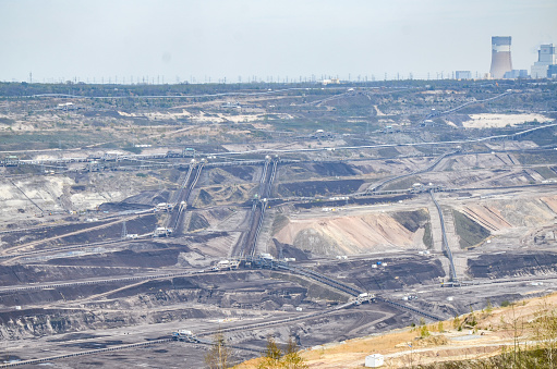 An open-pit lignite mine with a view of the power plant in Bechatów. The largest earth hole in EUROPE
