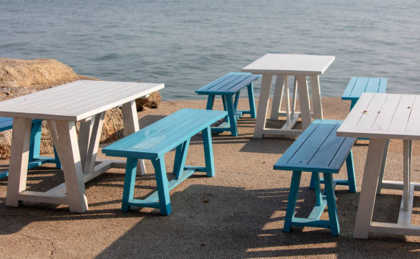 istock Wooden benches on the seashore 2149205997