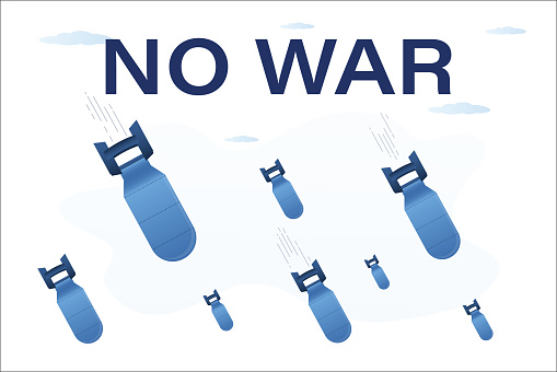 Aerial bombs, no war - motivational banner. Nuclear rockets isolated on white background. Stop war, pacifism. Flying aviation bombs and falling. military backdrop. flat vector illustration