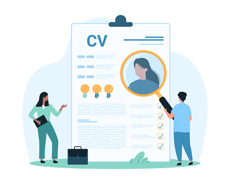 Curriculum vitae or CV research with magnifying glass, professional staff recruitment. Tiny people looking through magnifier at portrait of woman candidate for recruiting cartoon vector illustration