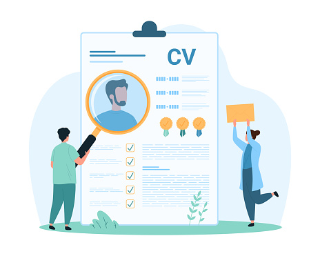 Company employment, search of qualified candidate. Tiny employees of HR team research with magnifying glass CV data of man on clipboard, choose recruit for interview cartoon vector illustration