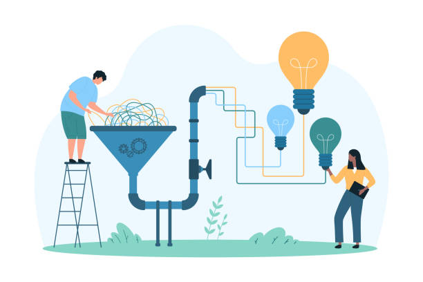 Funnel conversion of data flow into ideas, automation in selection and management Funnel conversion of data flow into ideas, automation in selection and management. Tiny people sorting information with structure, monitoring quality of light bulbs cartoon vector illustration streamline data stock illustrations