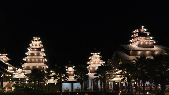 February 19 2067, Chantaburi, Thailand : Beautiful night light decoration of architecture Bali style at  Rattanaburi Resort at Namtok Phlio National Park, Thailand.