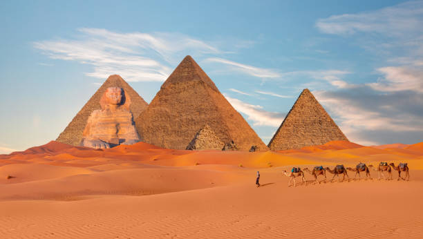 A breathtaking panoramic view of nine ancient Egyptian pyramids captured from a distant vantage point in the Giza Plateau. This high-resolution image showcases the iconic structures silhouetted against the desert horizon under the sky, emphasizing their majestic symmetry, timeless architecture, and historical significance. Perfect for themes related to travel, history, archaeology, ancient civilizations, Egypt tourism, and cultural heritage.