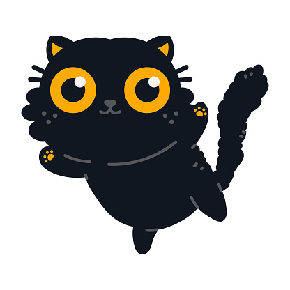 Cute black cat jumping vector cartoon character isolated on a white background.