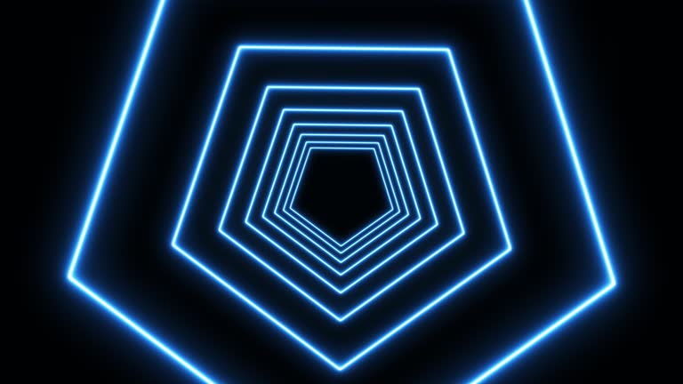 Flying through a tunnel of neon blue pentagons glowing with fluorescent light.