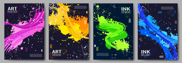 Set of abstract posters with bright brush strokes and ink splashes. Set of abstract posters. Bright brush strokes, a colorful splash of paint or ink on a black background. Design background, cover, postcard, banner. Vector illustration. spray stock illustrations