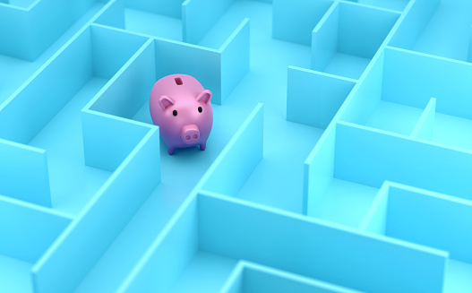 Piggy Bank in the labyrinth. Searching Money Concept.