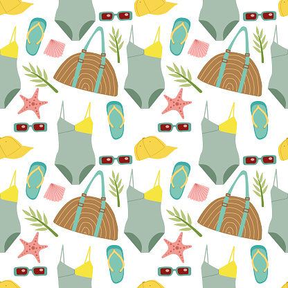 vector seamless beach pattern with the image of a suitcase, sunglasses, beach bag, wide-brimmed hat, starfish flat cartoon style .