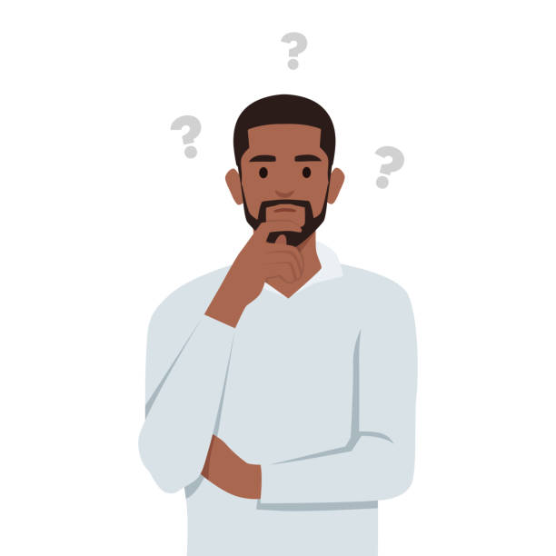 Young man is thinking. Question mark. Young man is thinking. Question mark. Flat vector illustration isolated on white background cartoon of conclusion stock illustrations