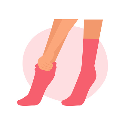 Female hands wearing peeling red socks to take care of skin on feet vector illustration