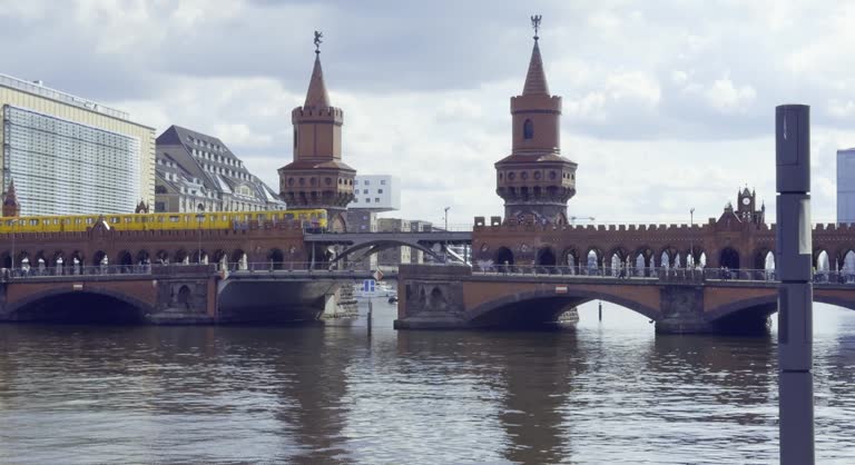 A yellow U-Bahn train crosses the Oberbaum Bridge in Berlin, Germany