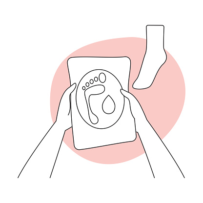 Female hands holding package of peeling socks for foot skin care line icon vector illustration