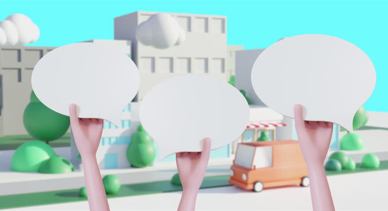3d Animation cartoon hand holding speech bubble. Communication copy space concept.