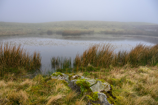 Mist over a small lake in the Brecon Beacons