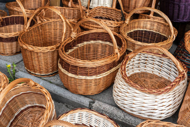 Many Wicker Baskets on Handicraft Market, New Wickerwork, Hand Made Basket, Bamboo Containers, Picnic Wicker Baskets, Natural Vintage Decoration