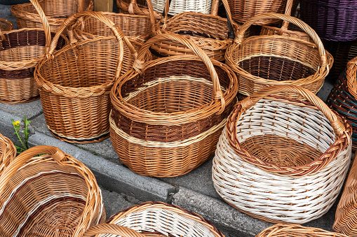 Many Wicker Baskets on Handicraft Market, New Wickerwork, Hand Made Basket, Bamboo Containers, Picnic Wicker Baskets, Natural Vintage Decoration