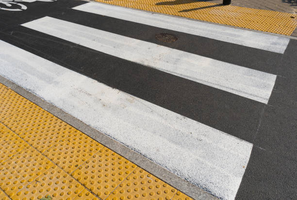 istock Paved Pedestrian Crossing, Grey White Crosswalk, Safety Zebra on Modern Tiles Pathway 2149213666