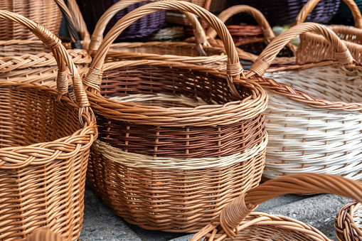 Many Wicker Baskets on Handicraft Market, New Wickerwork, Hand Made Basket, Bamboo Containers, Picnic Wicker Baskets, Natural Vintage Decoration