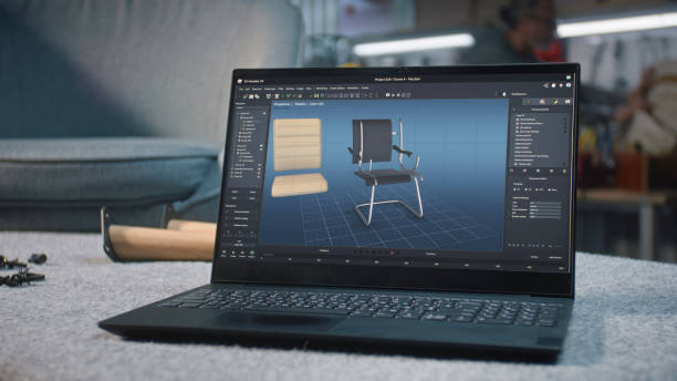 istock Laptop computer screen with displayed professional software for furniture design 2149213700