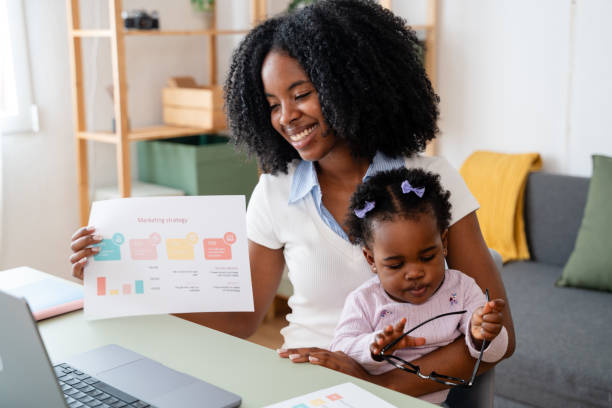 istock Working mother presenting marketing plan with toddler 2149213893