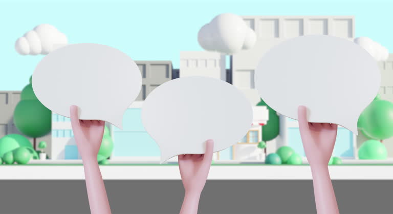 3d Animation cartoon hand holding speech bubble. Communication copy space concept.