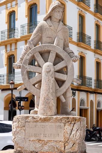 Ibiza - Spain. July 25, 2023: Monument to the Seafaring People (Monumento a la gent de la mar) by Guillem Terrassa Polin (1986) in Eivissa, Ibiza, honoring the maritime heritage of the island