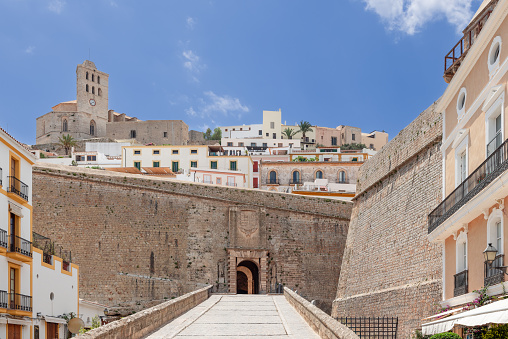 Ibiza - Spain. July 25, 2023: The main entrance through the walls into the historic Almudaina Castle in the old town of Eivissa, Ibiza, Spain